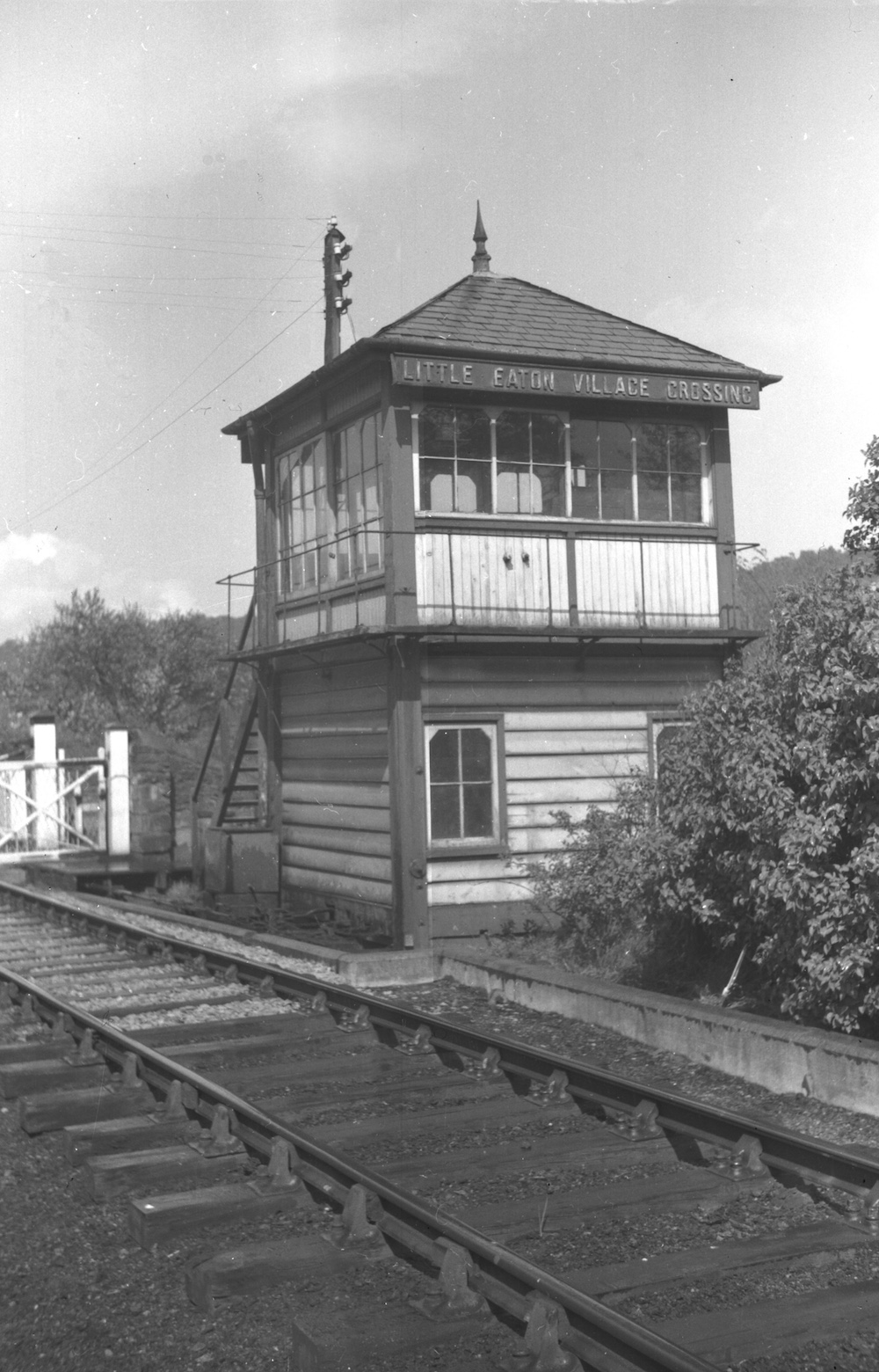 Little Eaton Village Crossing signal box viewed from the track at the north end about 1965 by Pat Larkam - MRSC collection